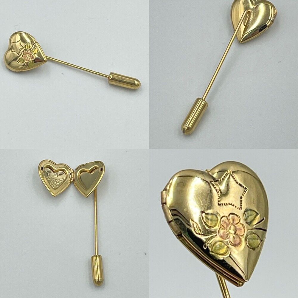 Vintage Locket Stick Pin Heart Enamel Flower Floral Etched Star Gold Tone Gift